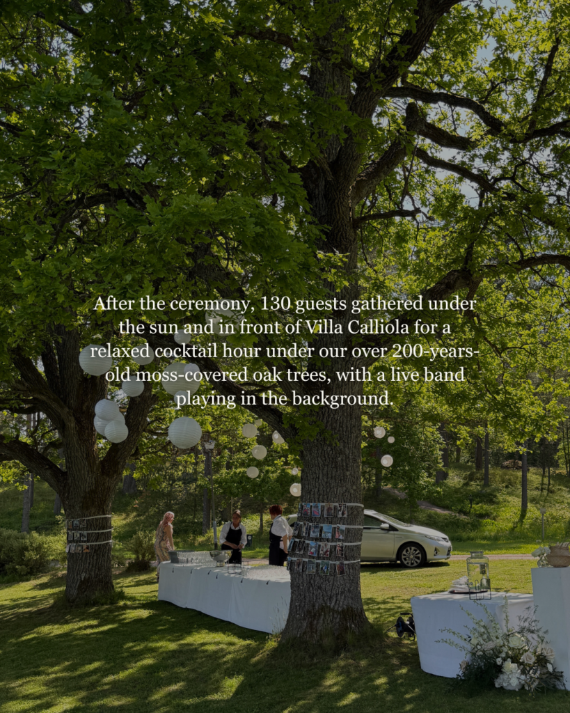 After the ceremony, 130 guests gathered under the sun and in front of Villa Calliola for a relaxed cocktail hour under our over 200–years-old moss-covered oak trees, with a live band playing in the background. 